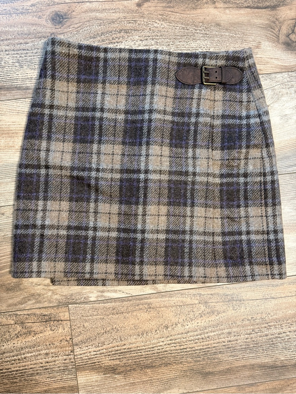 Ralph Lauren Plaid Wool Mini Skirt in Beige, Blue & Brown